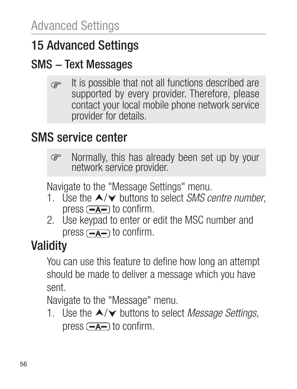 15 advanced settings, Sms service center, Validity | Advanced settings | Oricom EZY120 User Manual | Page 56 / 68