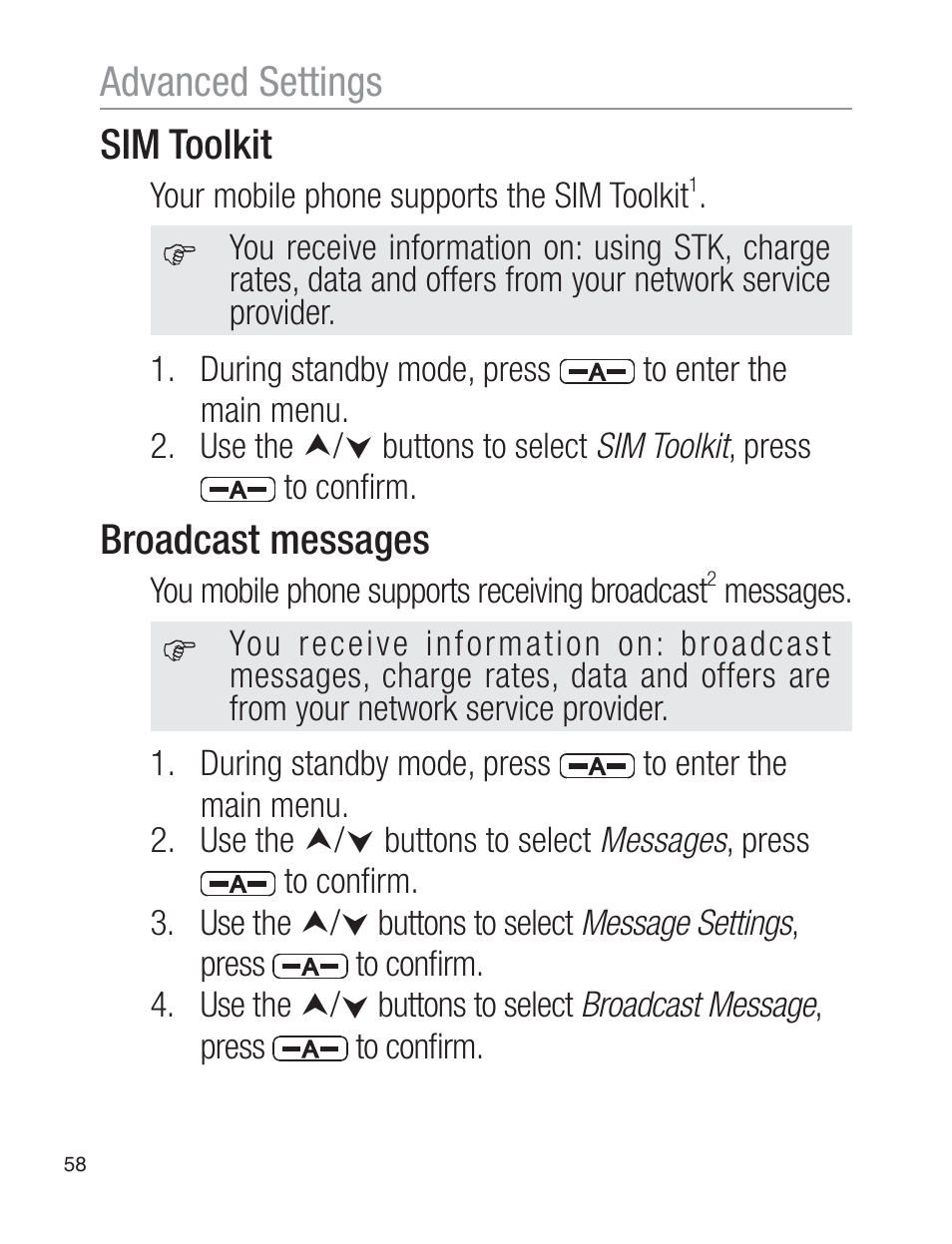 Sim toolkit, Broadcast messages, Advanced settings | Oricom EZY120 User Manual | Page 58 / 68