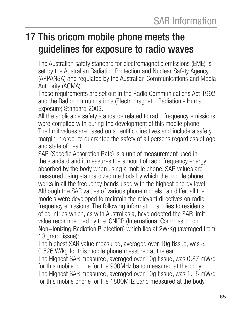 Sar information | Oricom EZY120 User Manual | Page 65 / 68