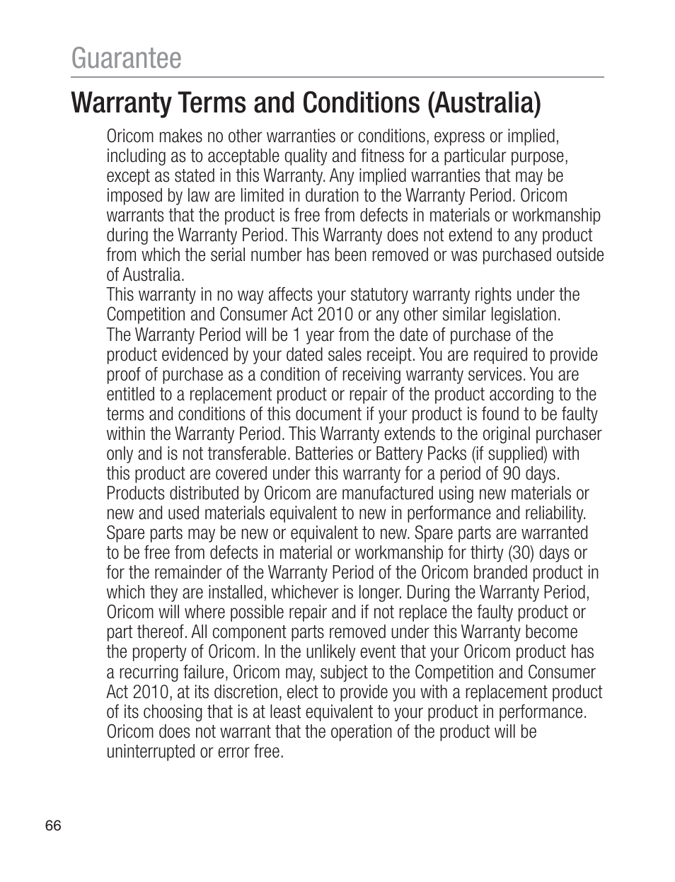 Warranty terms and conditions (australia), Guarantee | Oricom EZY120 User Manual | Page 66 / 68