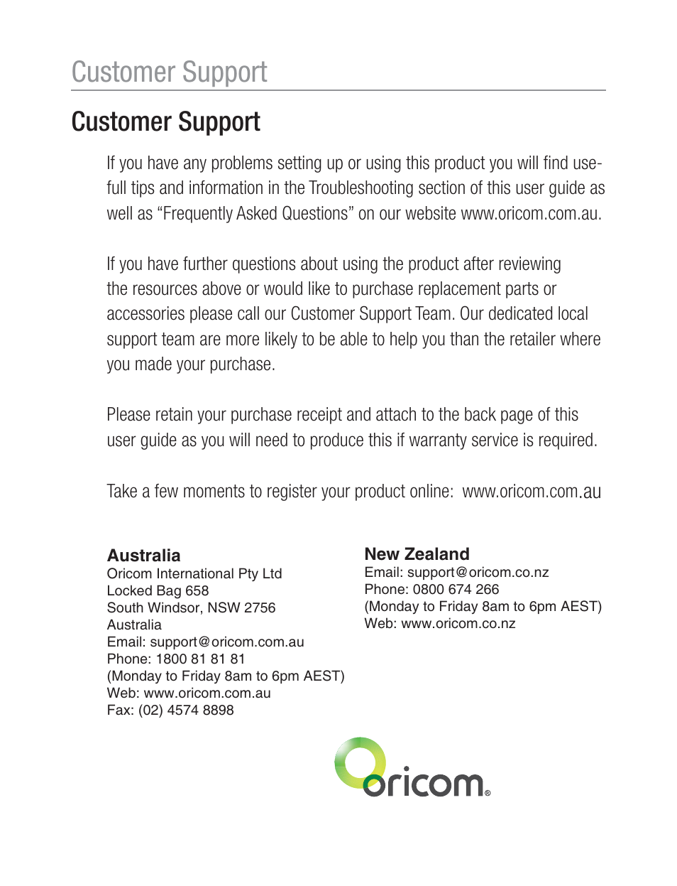 Customer support | Oricom EZY120 User Manual | Page 68 / 68