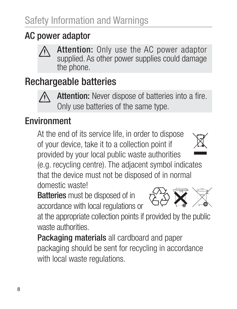 Safety information and warnings, Rechargeable batteries | Oricom EZY120 User Manual | Page 8 / 68