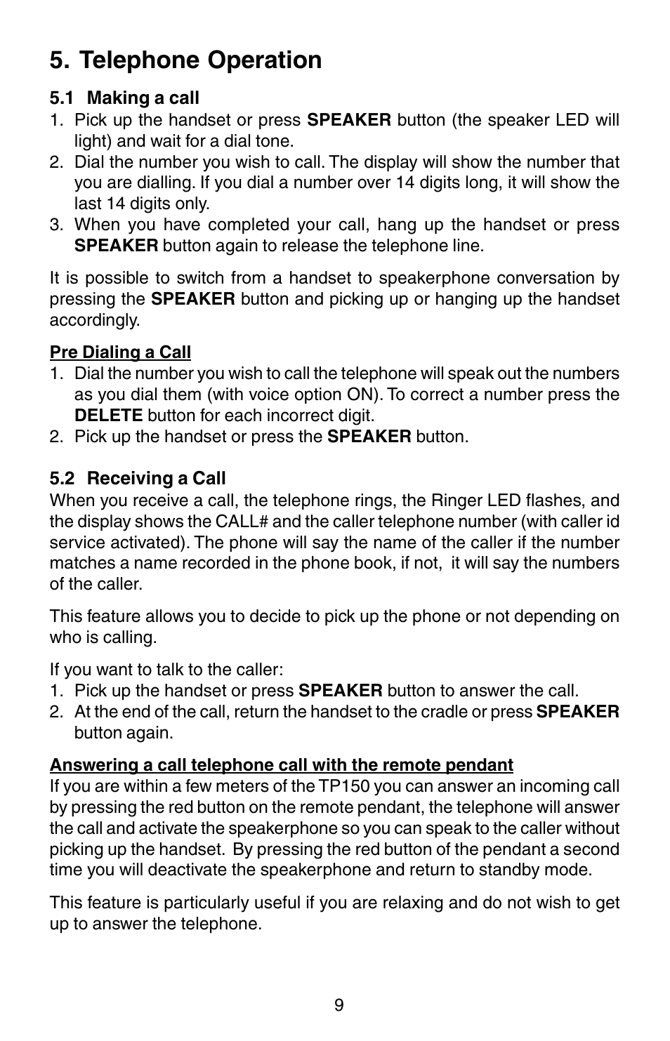 Telephone operation | Oricom TP150 User Manual | Page 10 / 24