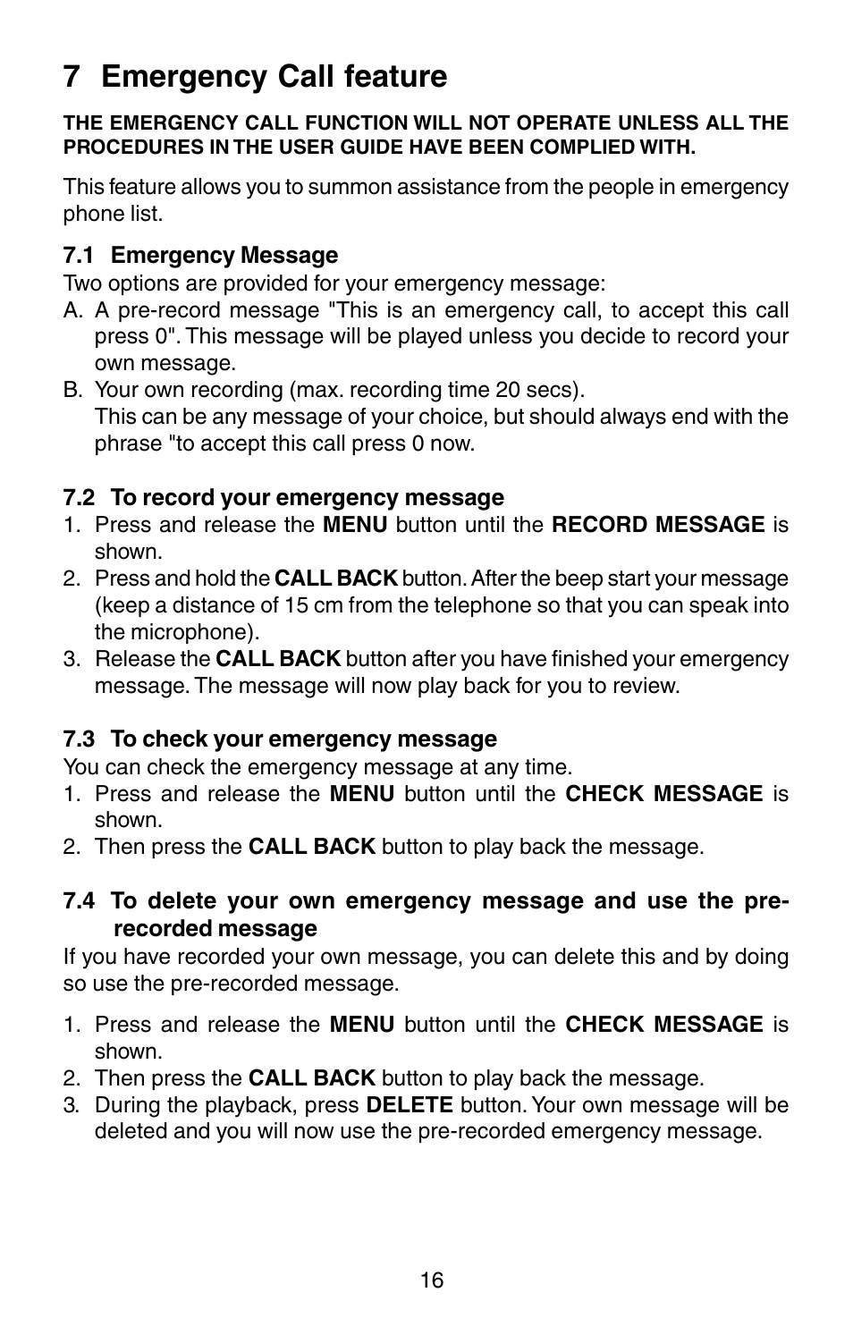 7 emergency call feature | Oricom TP150 User Manual | Page 17 / 24