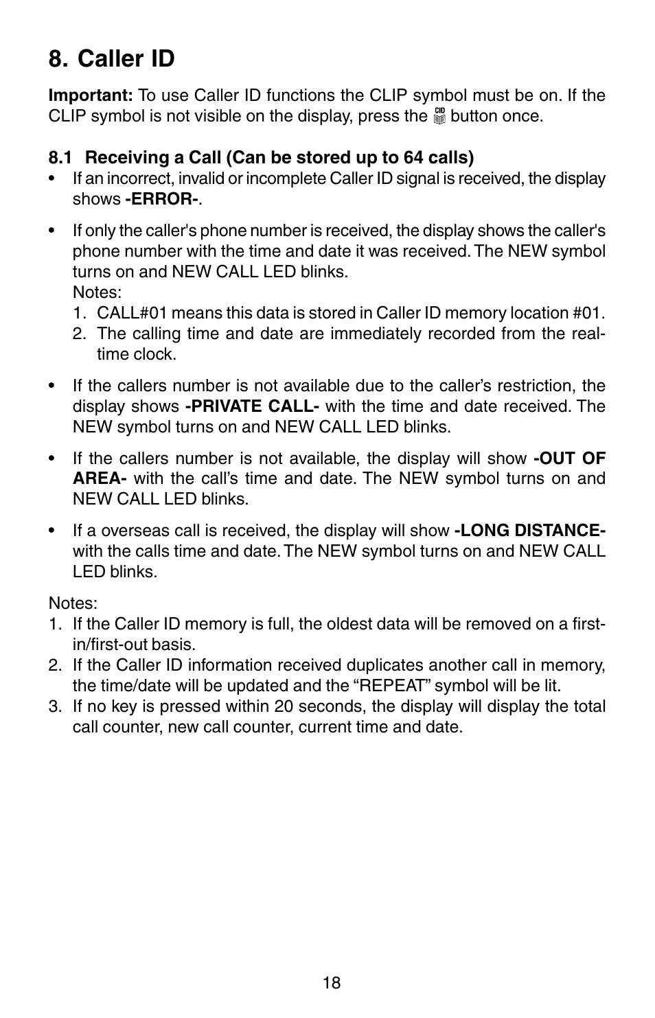 Caller id | Oricom TP150 User Manual | Page 19 / 24