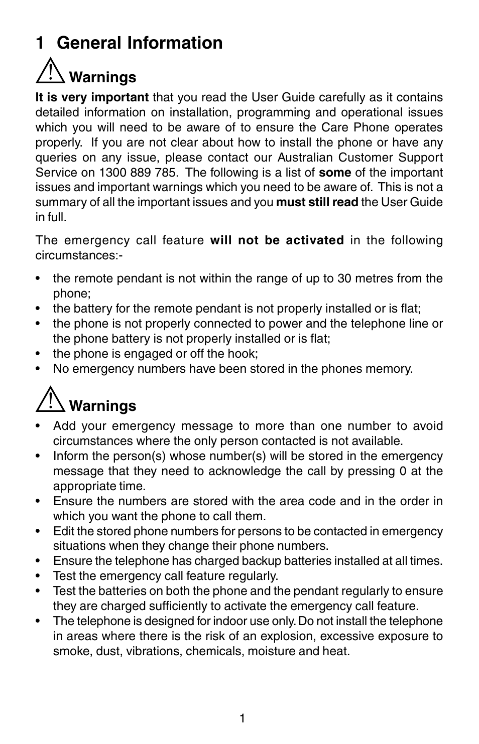 1 general information, Warnings | Oricom TP150 User Manual | Page 2 / 24