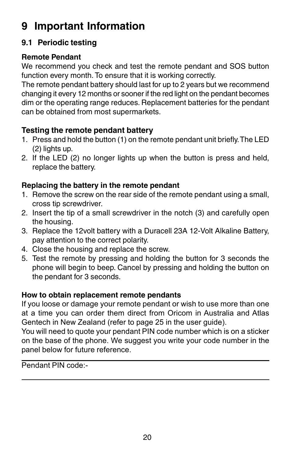 9 important information | Oricom TP150 User Manual | Page 21 / 24