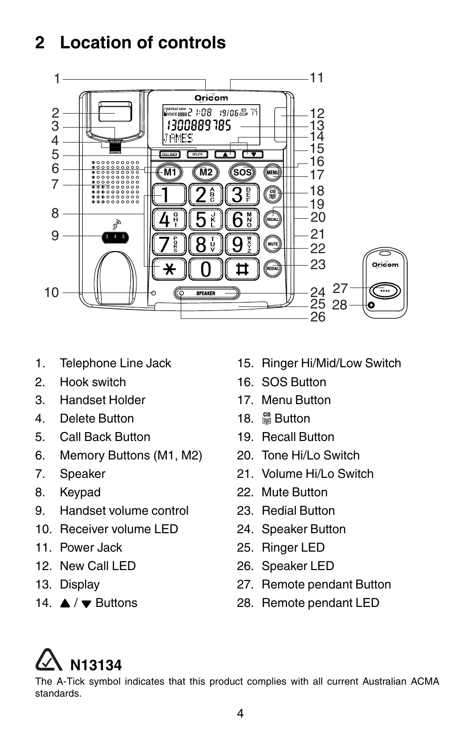 2 location of controls | Oricom TP150 User Manual | Page 5 / 24
