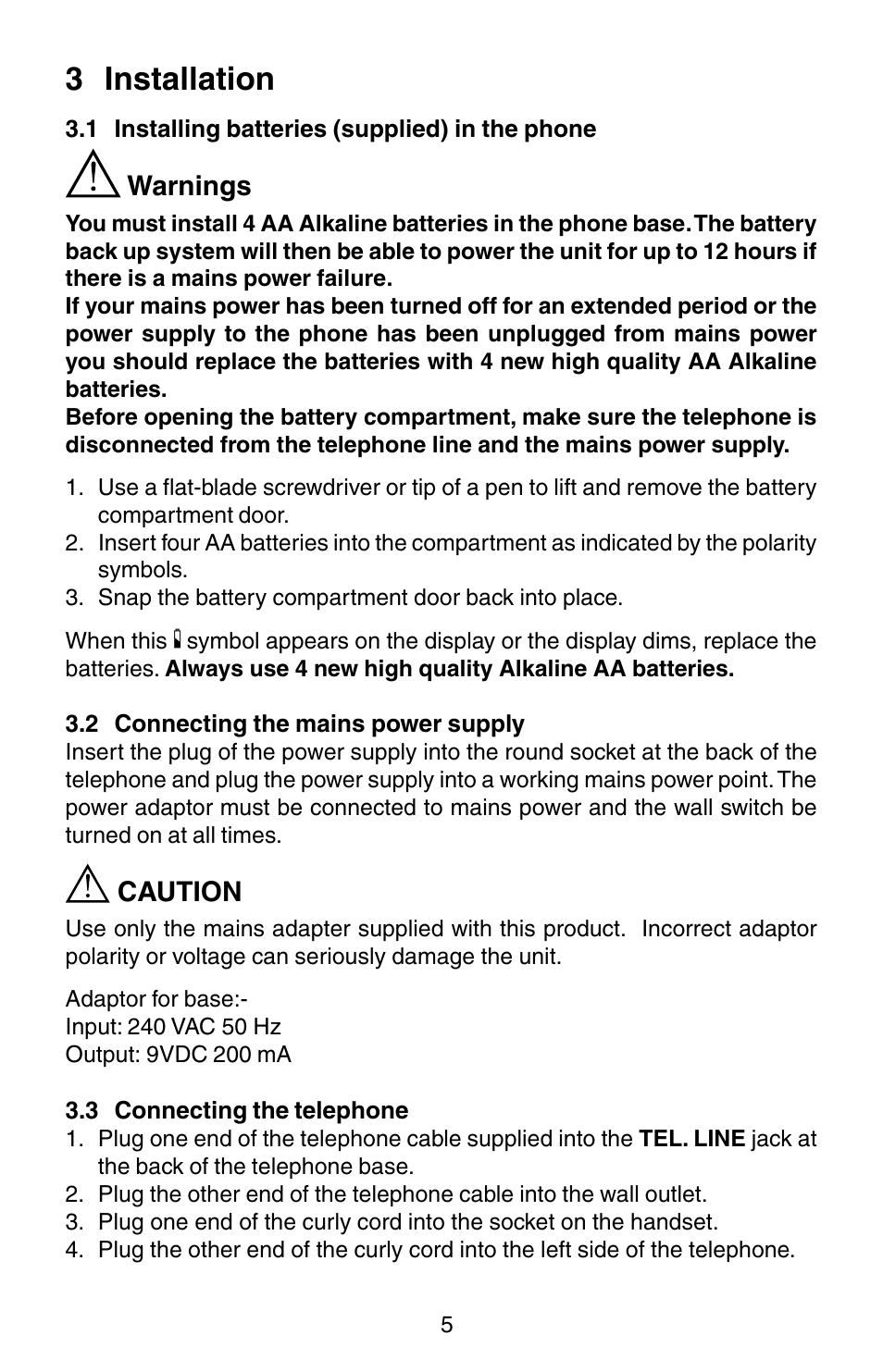 3 installation, Warnings, Caution | Oricom TP150 User Manual | Page 6 / 24