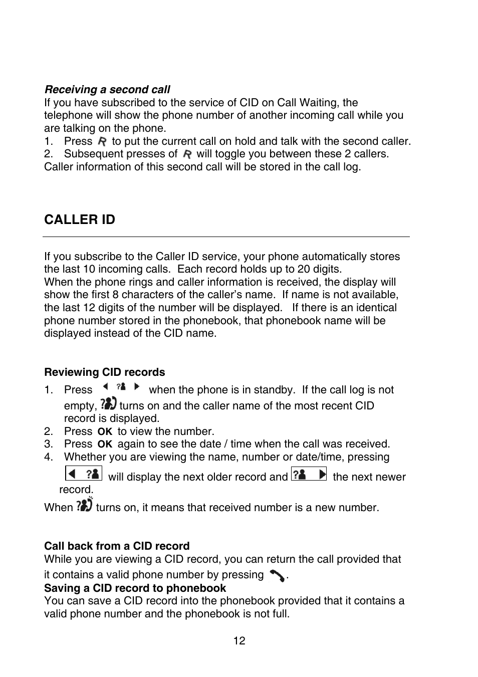 Caller id | Oricom P700 User Manual | Page 12 / 35
