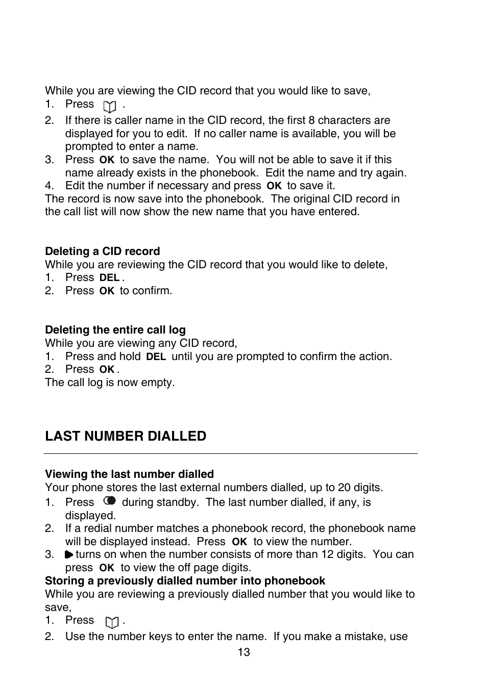 Last number dialled | Oricom P700 User Manual | Page 13 / 35