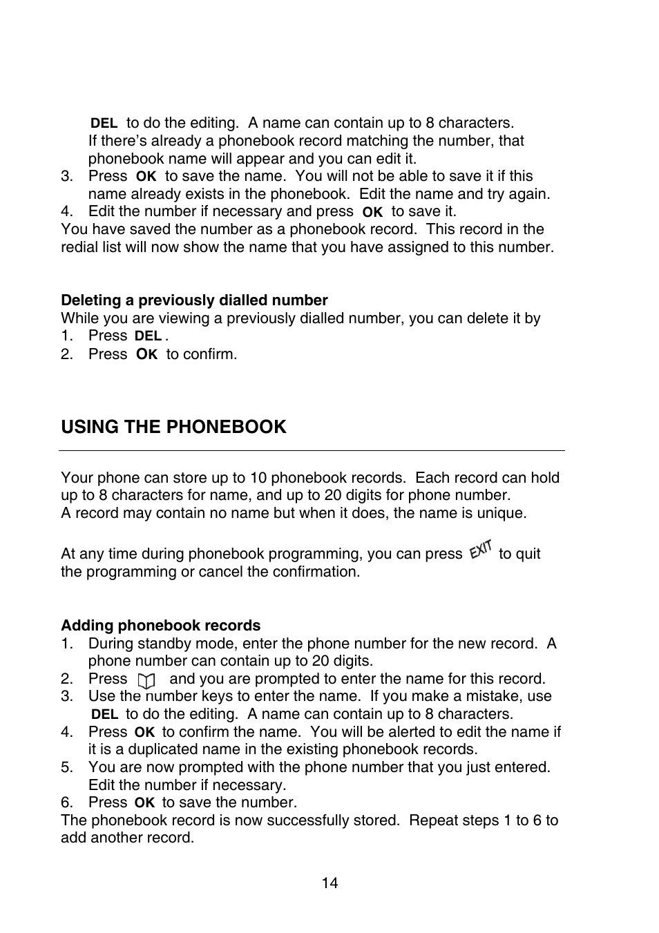 Using the phonebook | Oricom P700 User Manual | Page 14 / 35