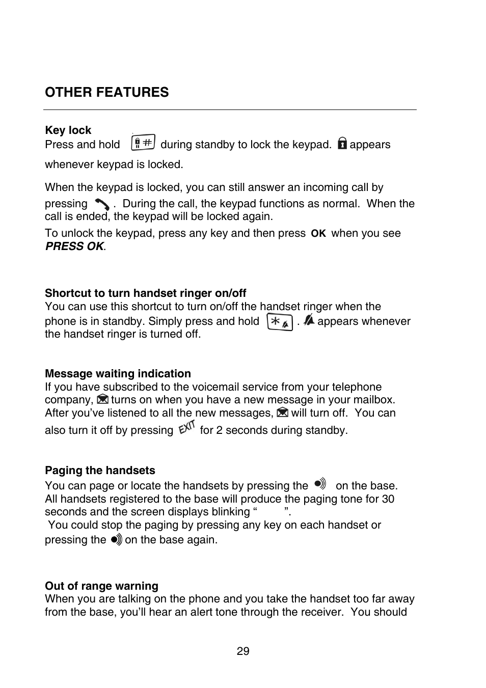Other features | Oricom P700 User Manual | Page 29 / 35