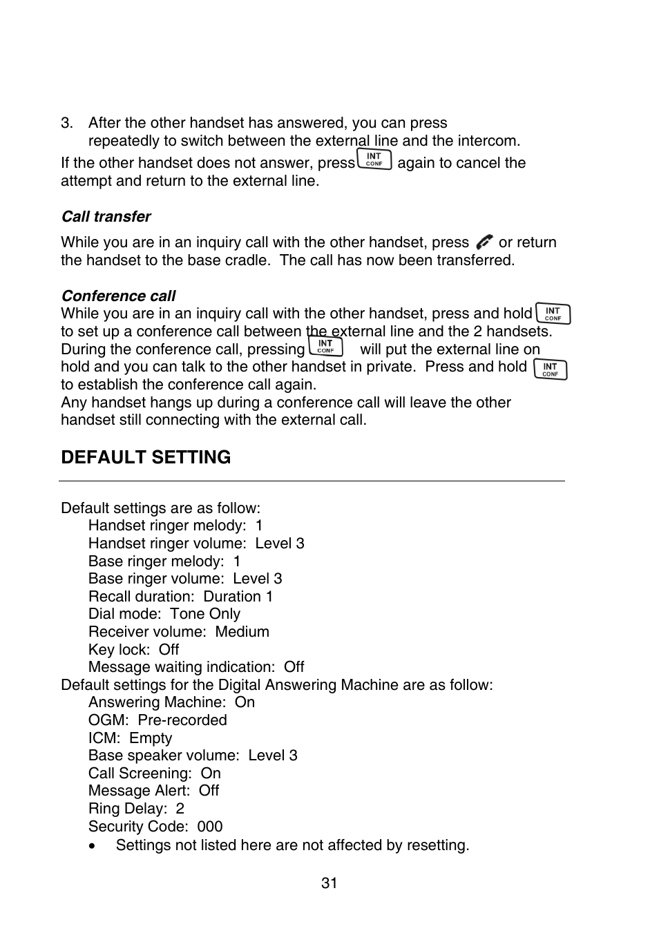 Default setting | Oricom P700 User Manual | Page 31 / 35