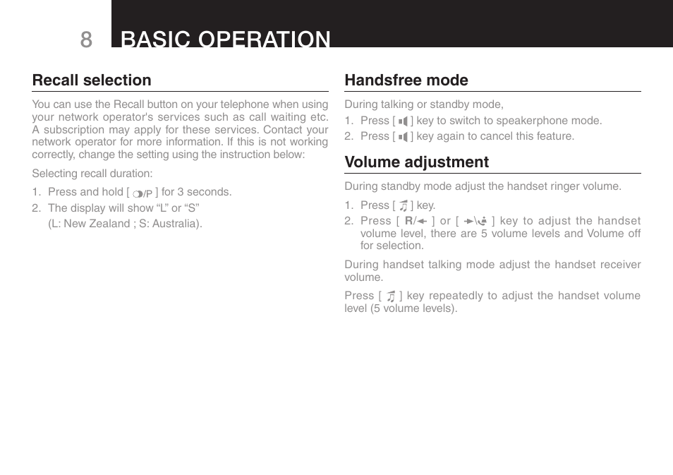 Basic operation, Recall selection, Handsfree mode | Volume adjustment | Oricom eco50 User Manual | Page 10 / 24
