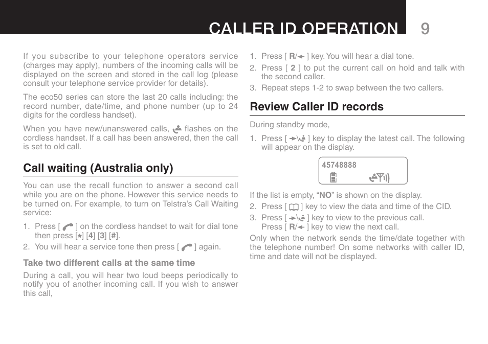 9caller id operation, Call waiting (australia only), Review caller id records | Oricom eco50 User Manual | Page 11 / 24