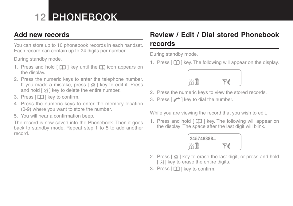 12 phonebook, Add new records, Review / edit / dial stored phonebook records | Oricom eco50 User Manual | Page 14 / 24