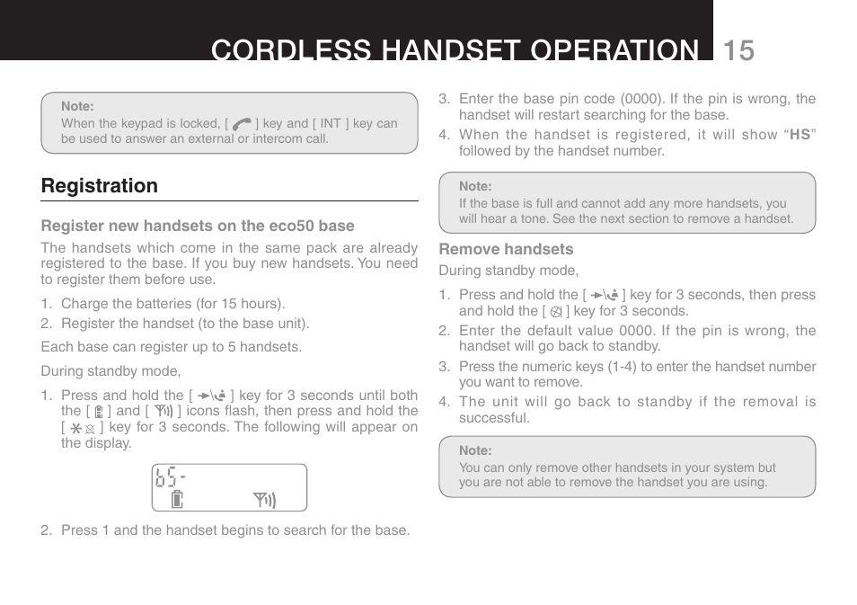 1 cordless handset operation, Registration | Oricom eco50 User Manual | Page 17 / 24