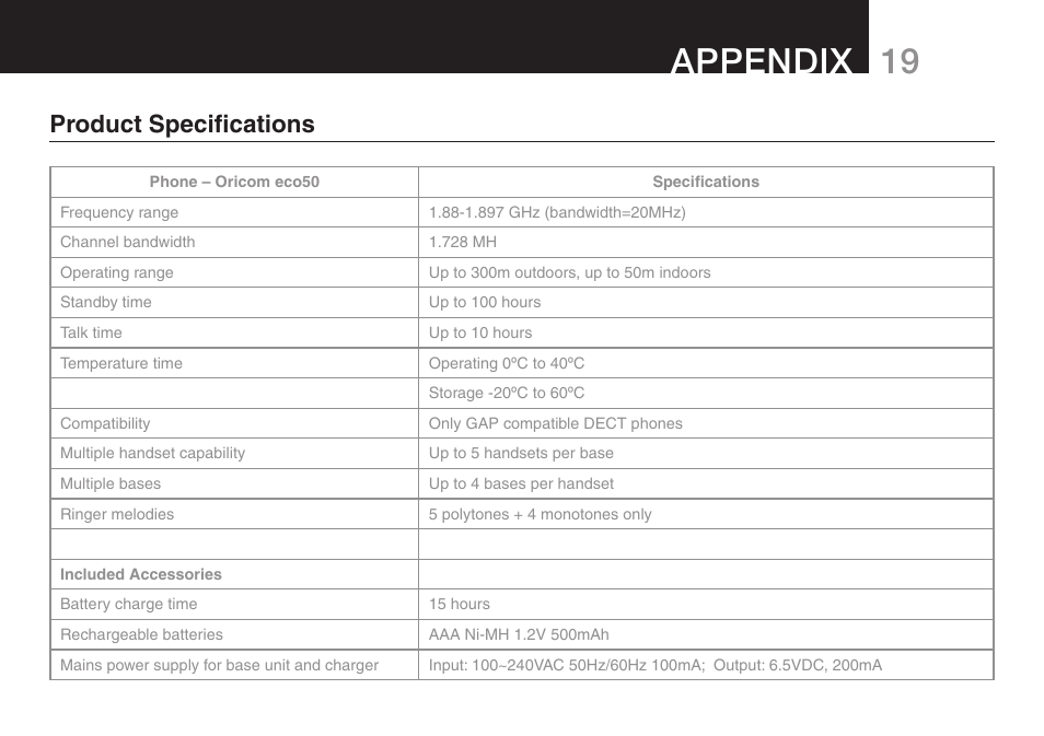 19 appendix, Product specifications | Oricom eco50 User Manual | Page 21 / 24