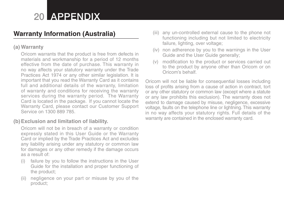 20 appendix, Warranty information (australia) | Oricom eco50 User Manual | Page 22 / 24
