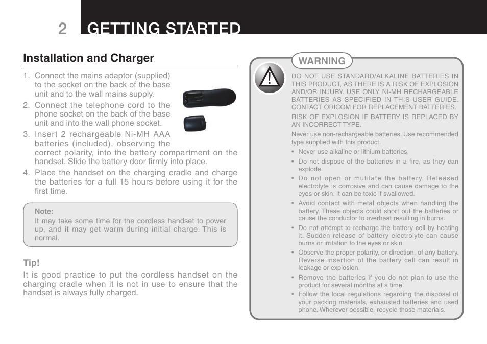 Getting started, Installation and charger | Oricom eco50 User Manual | Page 4 / 24
