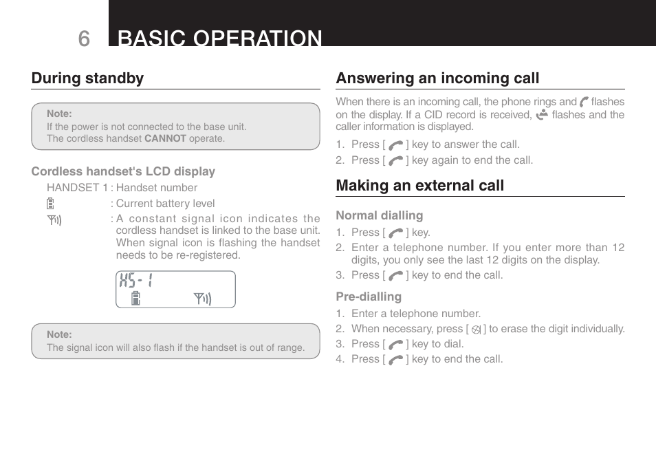 6basic operation, During standby, Answering an incoming call | Making an external call | Oricom eco50 User Manual | Page 8 / 24