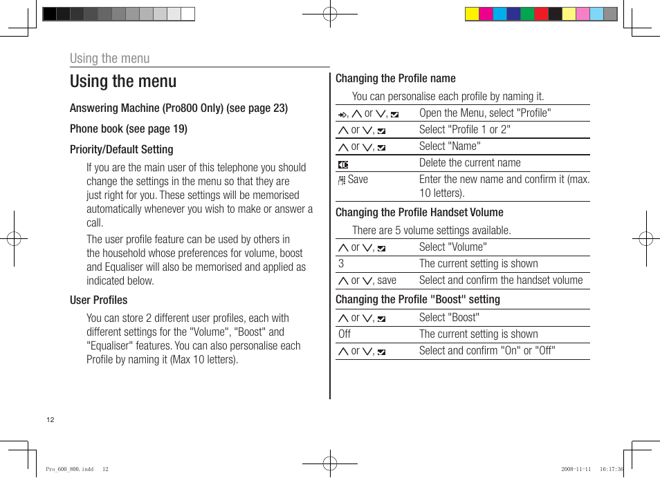 Using the menu | Oricom pro600 DECT User Manual | Page 14 / 40