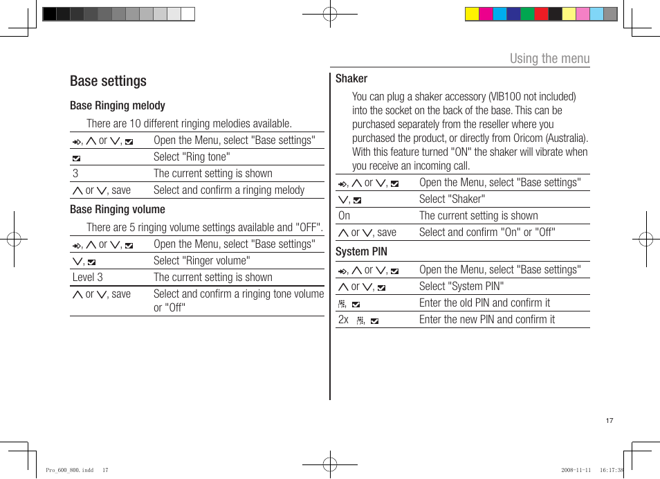 Base settings | Oricom pro600 DECT User Manual | Page 19 / 40