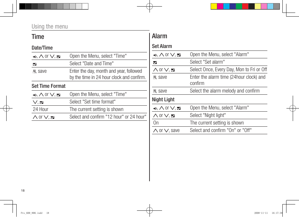 Time, Alarm | Oricom pro600 DECT User Manual | Page 20 / 40