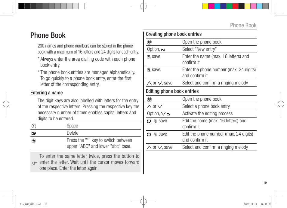 Phone book | Oricom pro600 DECT User Manual | Page 21 / 40