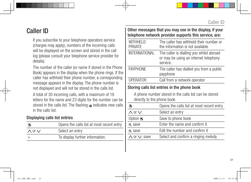 Caller id | Oricom pro600 DECT User Manual | Page 23 / 40