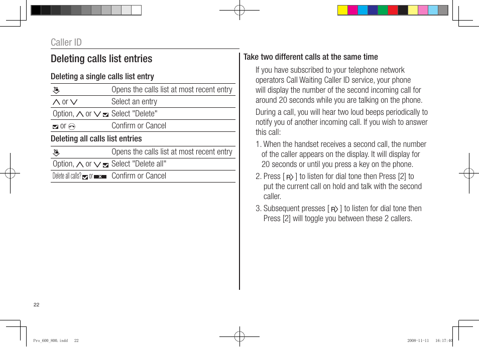 Deleting calls list entries | Oricom pro600 DECT User Manual | Page 24 / 40