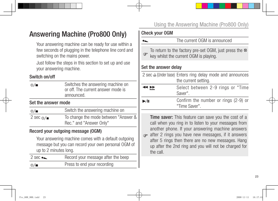 Answering machine (pro800 only) | Oricom pro600 DECT User Manual | Page 25 / 40