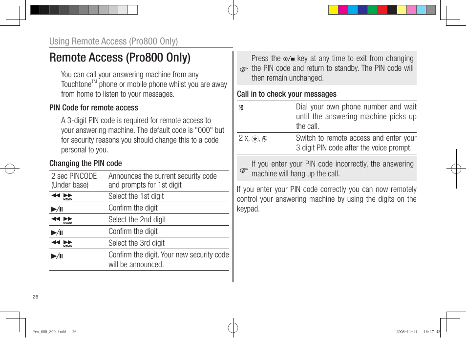 Remote access (pro800 only) | Oricom pro600 DECT User Manual | Page 28 / 40