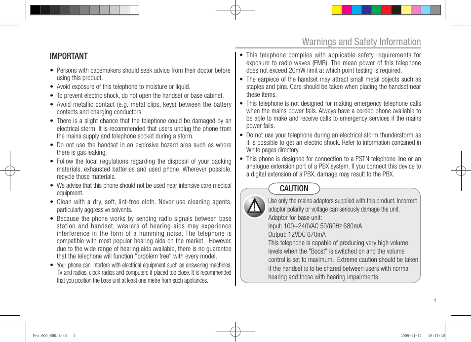Warnings and safety information | Oricom pro600 DECT User Manual | Page 3 / 40