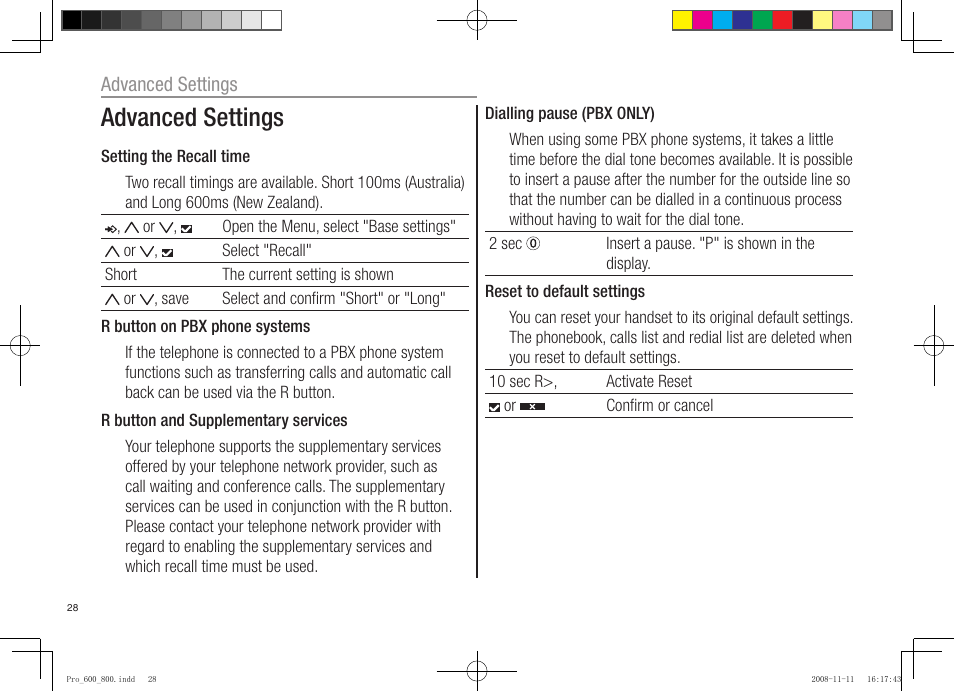 Advanced settings | Oricom pro600 DECT User Manual | Page 30 / 40