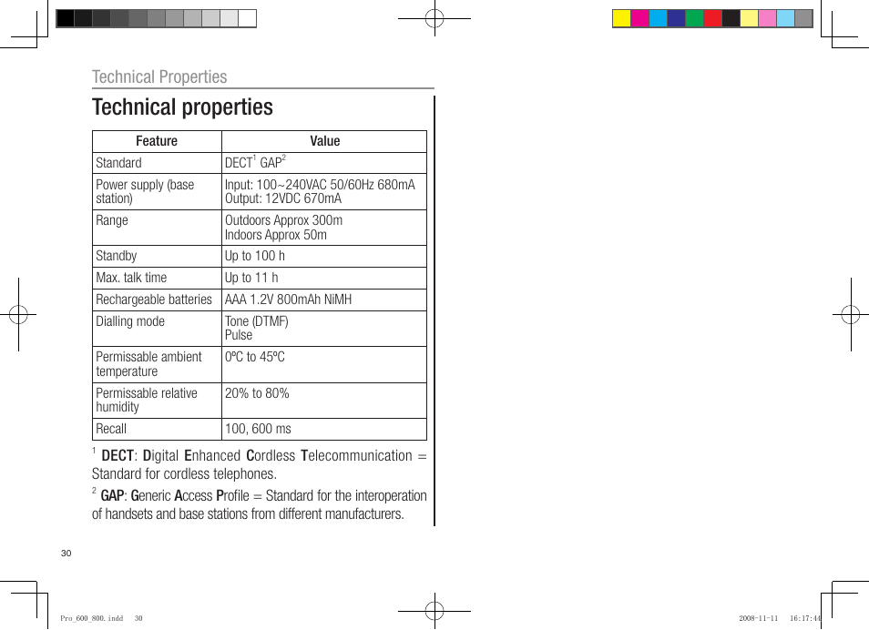 Technical properties | Oricom pro600 DECT User Manual | Page 32 / 40