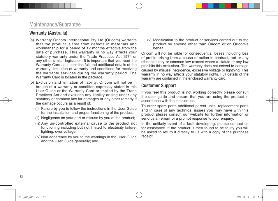 Maintenance/guarantee, Warranty (australia), Customer support | Oricom pro600 DECT User Manual | Page 34 / 40