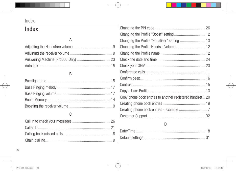 Index | Oricom pro600 DECT User Manual | Page 36 / 40