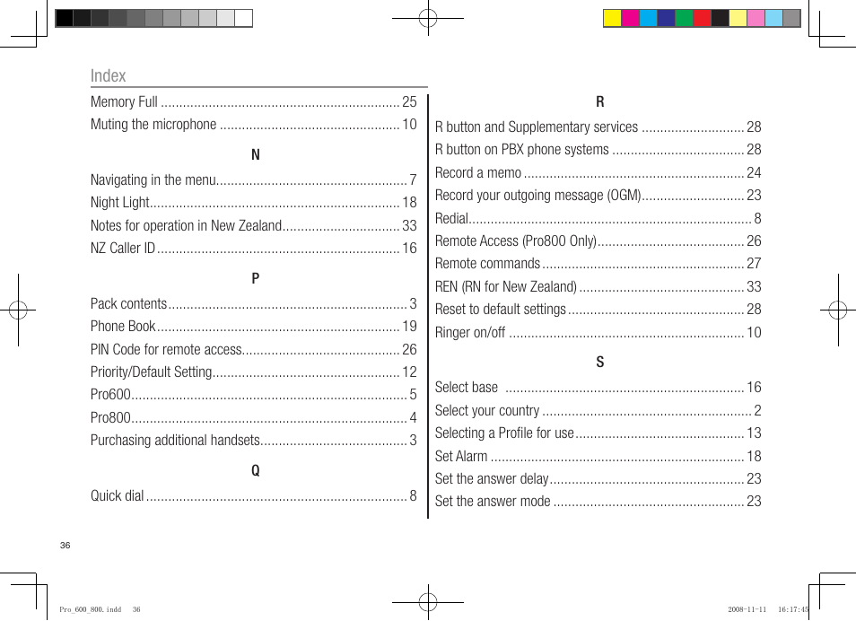 Index | Oricom pro600 DECT User Manual | Page 38 / 40