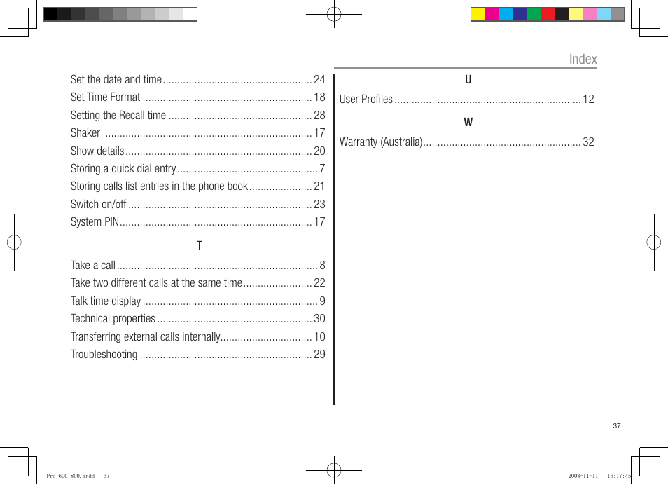 Index | Oricom pro600 DECT User Manual | Page 39 / 40