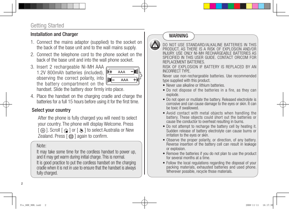Getting started | Oricom pro600 DECT User Manual | Page 4 / 40