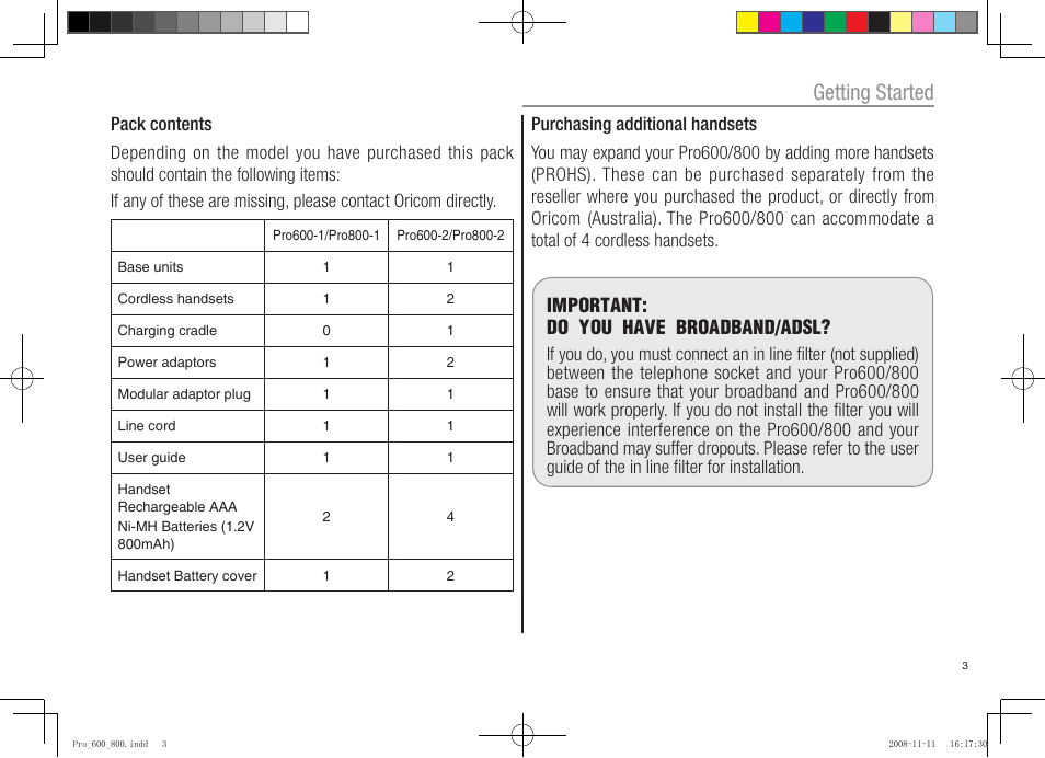 Getting started, Important: do you have broadband/adsl | Oricom pro600 DECT User Manual | Page 5 / 40