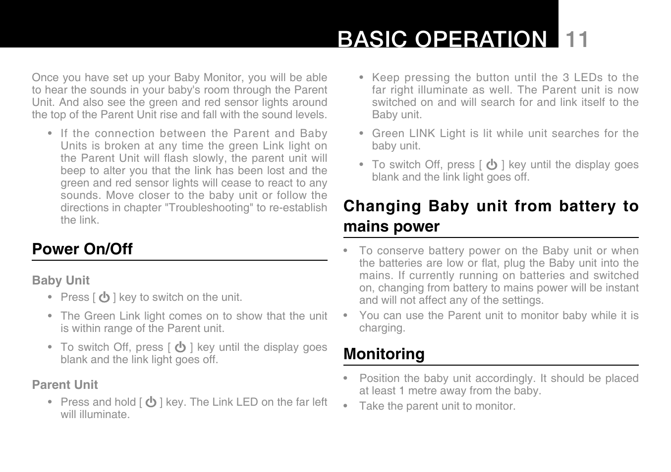 11 basic operation, Power on/off, Changing baby unit from battery to mains power | Monitoring | Oricom Secure 500 User Manual | Page 13 / 28