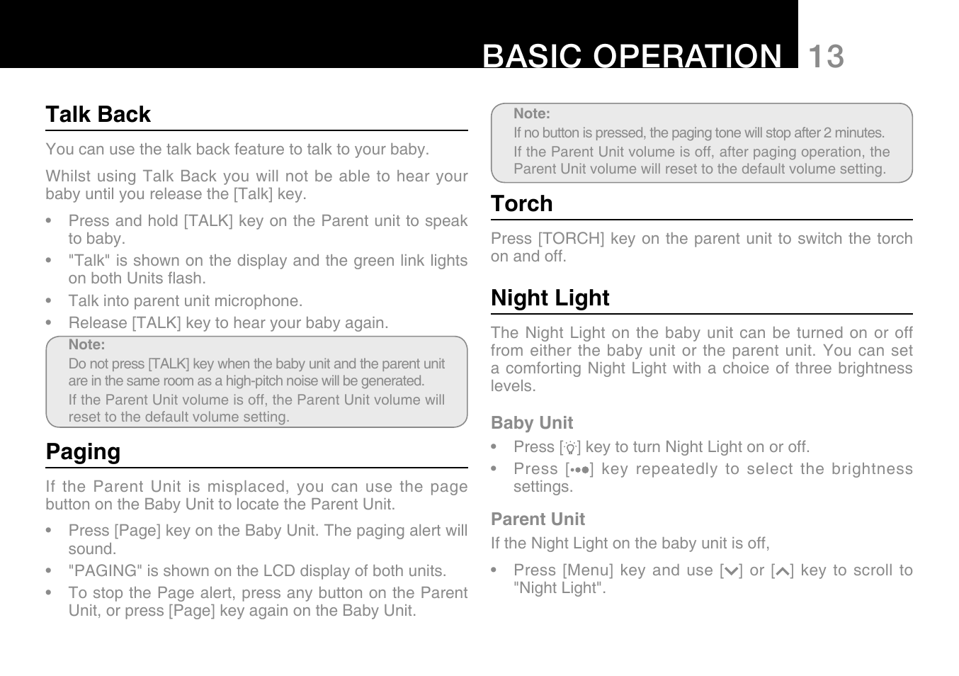 13 basic operation, Talk back, Paging | Torch, Night light | Oricom Secure 500 User Manual | Page 15 / 28