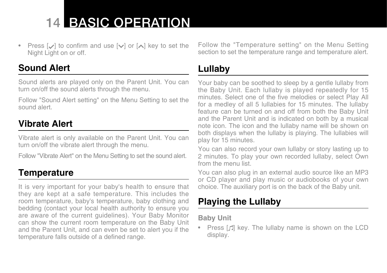 14 basic operation, Lullaby, Playing the lullaby | Sound alert, Vibrate alert, Temperature | Oricom Secure 500 User Manual | Page 16 / 28
