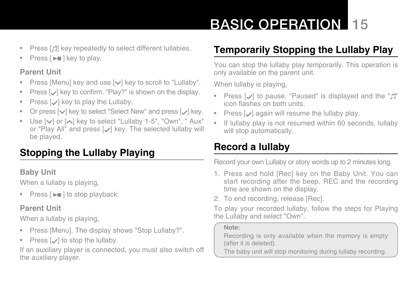 15 basic operation, Stopping the lullaby playing, Temporarily stopping the lullaby play | Record a lullaby | Oricom Secure 500 User Manual | Page 17 / 28