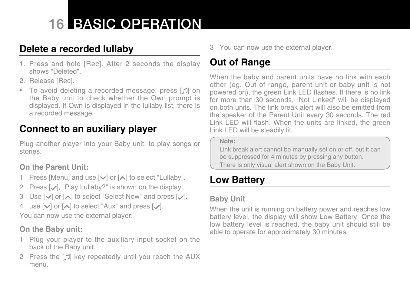 16 basic operation, Delete a recorded lullaby, Connect to an auxiliary player | Out of range, Low battery | Oricom Secure 500 User Manual | Page 18 / 28