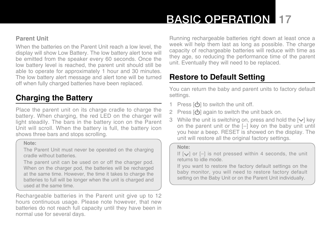 Basic operation, Charging the battery, Restore to default setting | Oricom Secure 500 User Manual | Page 19 / 28