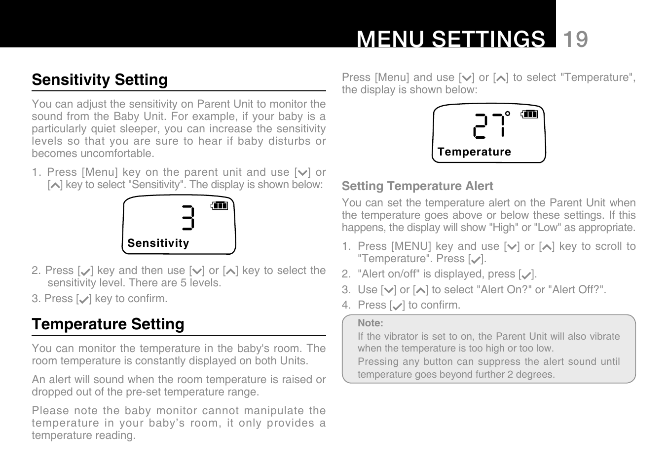 19 menu settings, Sensitivity setting, Temperature setting | Oricom Secure 500 User Manual | Page 21 / 28